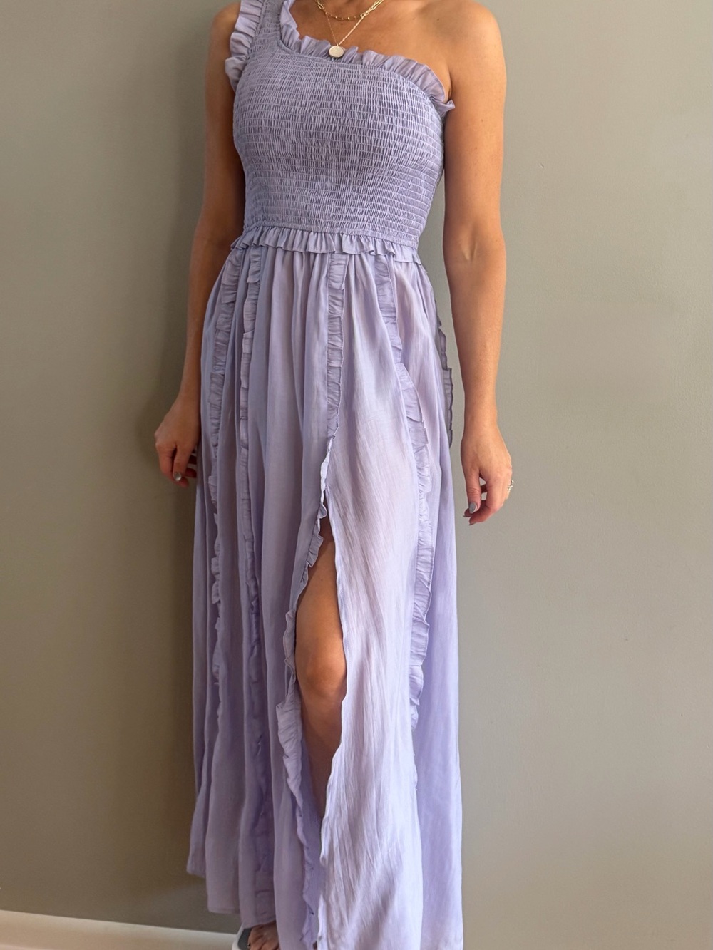 Elliatt One-Shoulder Ruffle Maxi Dress in Lavender